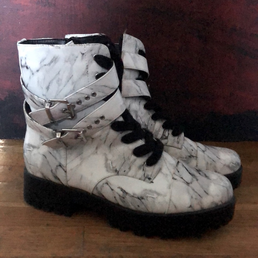 White marble print boots Charlotte Russe